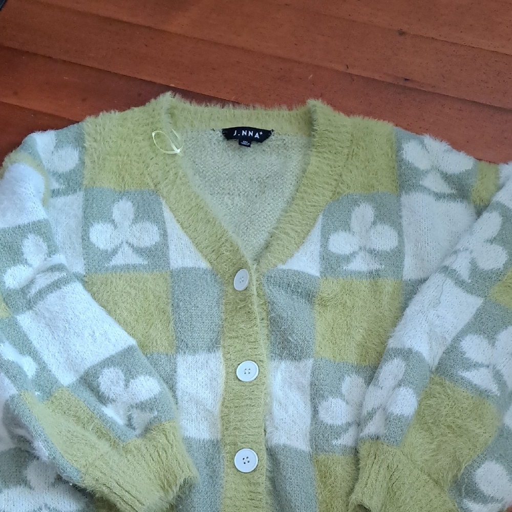 Fluffy Green And White Sweater